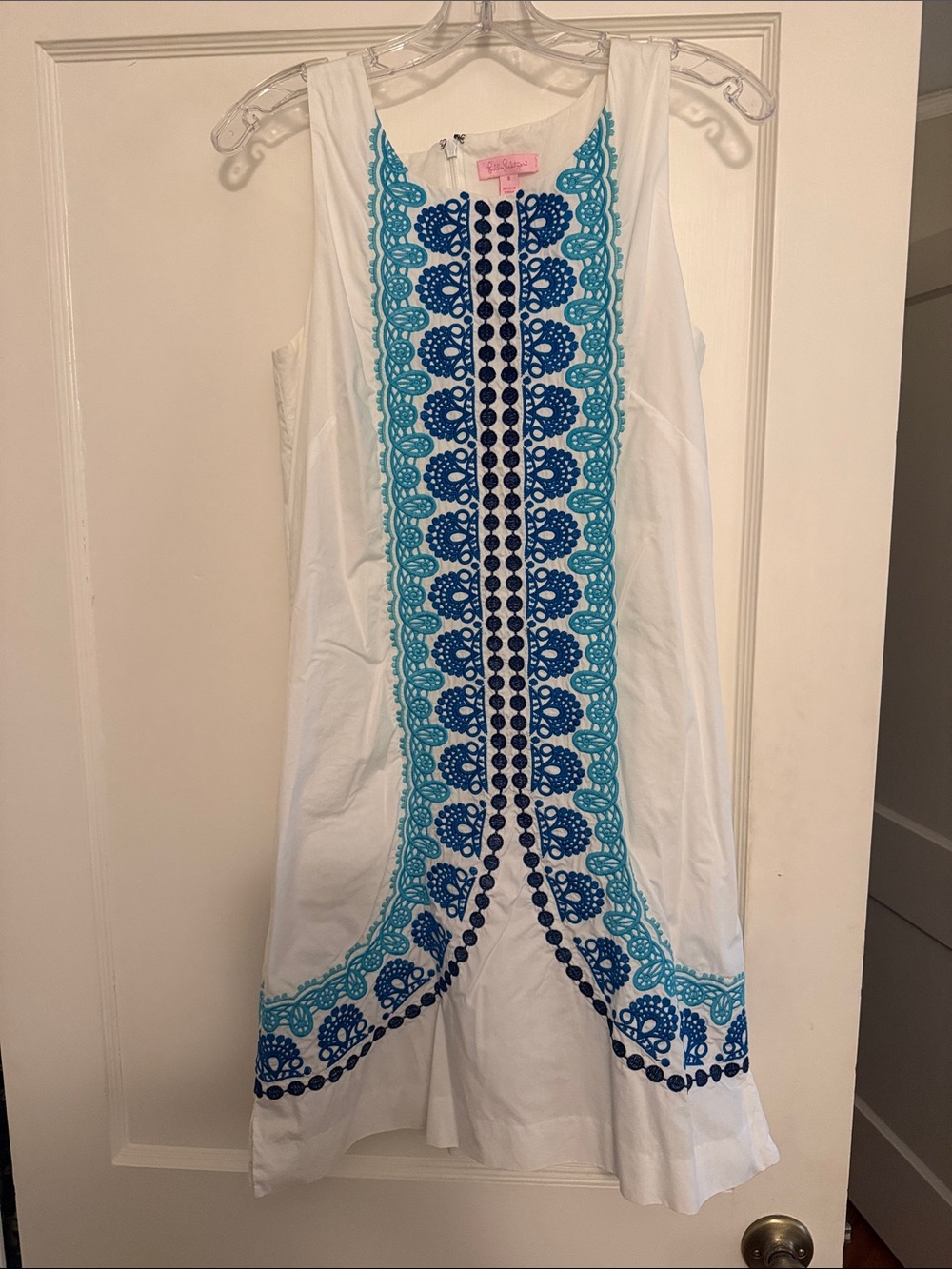 Lilly Pulitzer White Sleeveless Shift Dress with Blue & Turquoise Embroidery